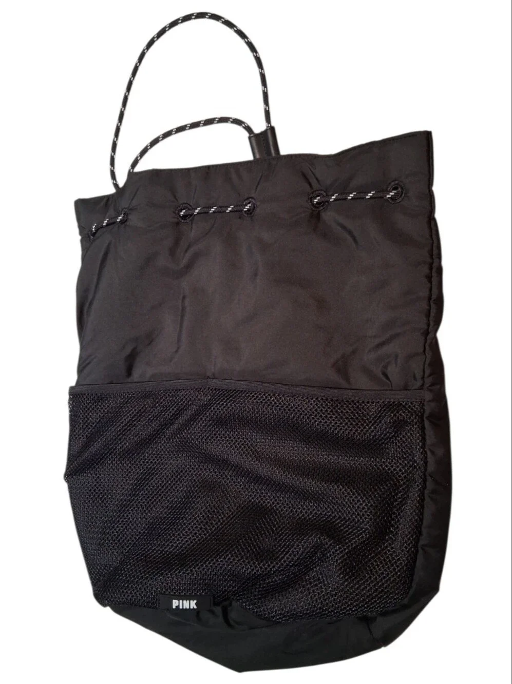 PINK Victoria's Secret Black Drawstring Backpack Gym Bag Cinch Tote Mesh Pocket